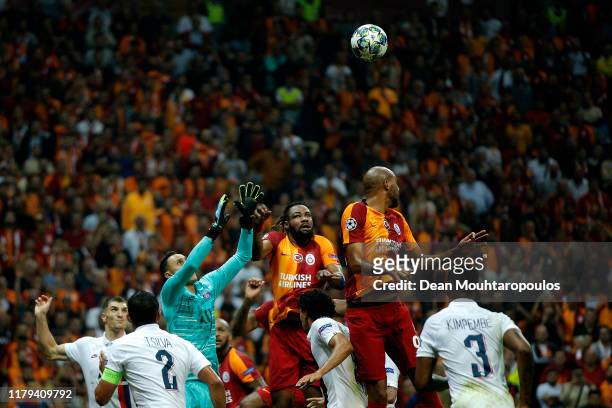 Goalkeeper, Keylor Navas of PSG battles for the ball with Christian Luyindama and Steven N'Zonzi of Galatasaray during the UEFA Champions League...