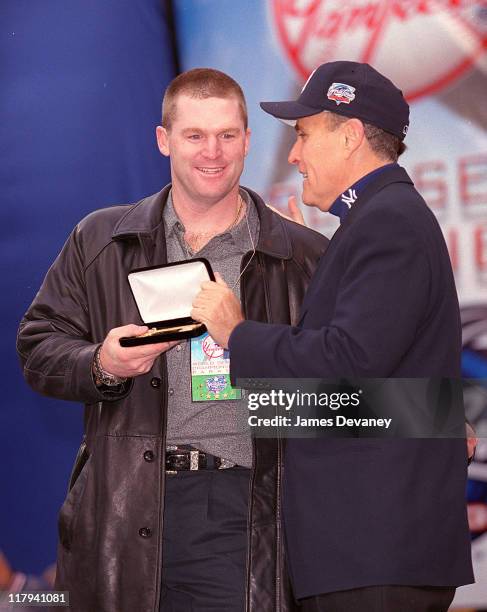 Mike Stanton and Mayor Rudolph Giuliani during Ticker Tape Parade for the New York Yankees, 2000 World Series Champions at City Hall in New York, NY,...