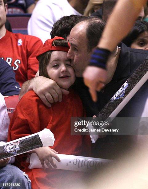 James Gandolfini with son Michael during Celebrities Attend Toronto Raptors vs. New Jersey Nets Game - May 4, 2007 at Continental Arena in East...