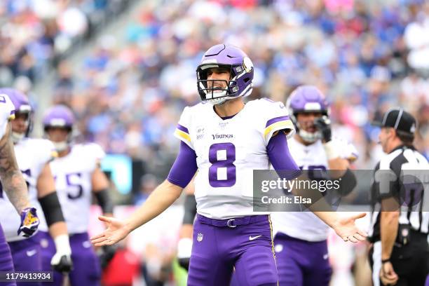 Kirk Cousins of the Minnesota Vikings reacts against the New York Giants during the second quarter in the game at MetLife Stadium on October 06, 2019...