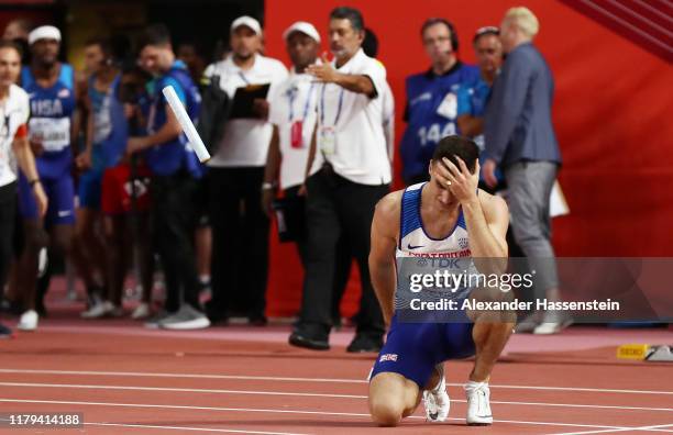 Toby Harries of Great Britain reacts in the Men's 4x400 metres relay final during day ten of 17th IAAF World Athletics Championships Doha 2019 at...