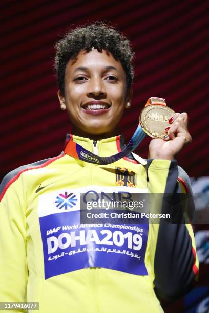 Gold medalist Malaika Mihambo of Germany stands on the podium during the medal ceremony for the Women's Long Jump during day ten of 17th IAAF World...