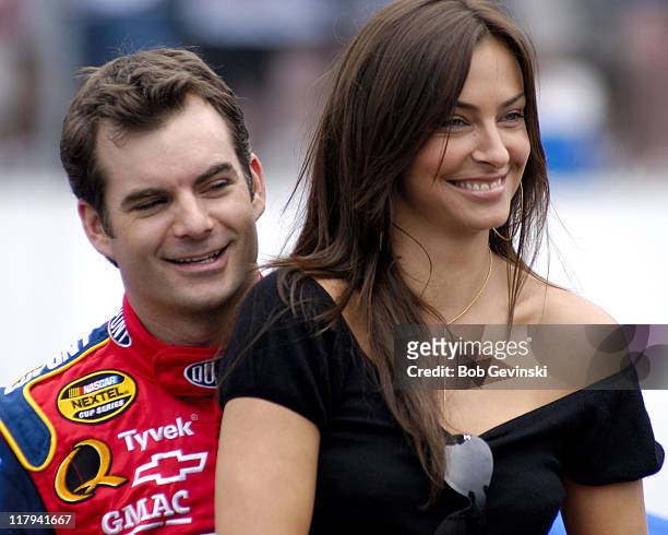 Jeff Gordon and his girlfriend actress/model Ingrid Vandebosch before the start of the New England 300 NASCAR NEXTEL Cup Series race at New Hampshire...