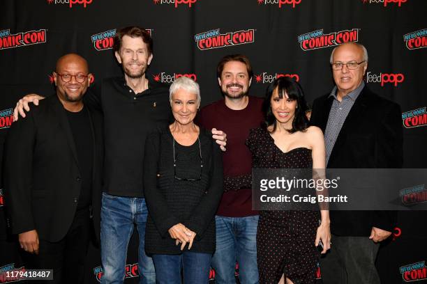 James Tucker, Kevin Conroy, Andrea Romano, Will Friedle, Lauren Tom, and Alan Burnett pose for a photo during Batman Beyond 20th Anniversary at New...
