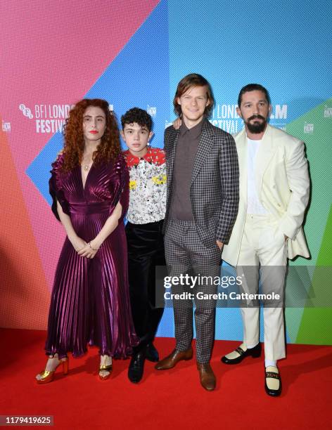 Alma Har'el, Noah Jupe, Lucas Hedges and Shia LaBeouf attend the "Honey Boy" European Premiere during the 63rd BFI London Film Festival at the Vue...