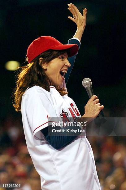Marilu Henner sings "Take Me Out to the Ball Game" during seventh-inning stretch during Los Angeles Angels of Anaheim game against the Washington...