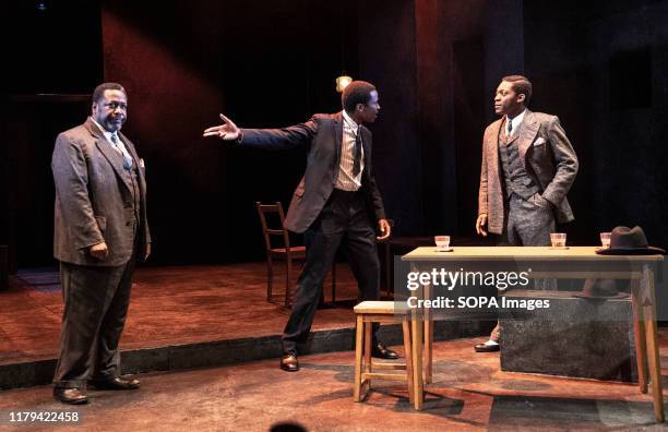 Wendell Pierce, Sope Dirisu and Natey Jones attend the photocall for the Arthur Miller classic Death of a Salesman at the Piccadilly theatre in...