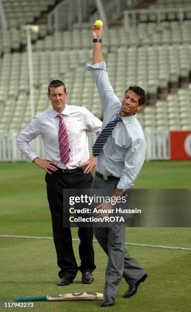 England bowlers Ashley Giles and Sajid Mahmood bowl to Prince Charles Prince of Wales during a visit to the Prince's Trust 12 week cricketing...