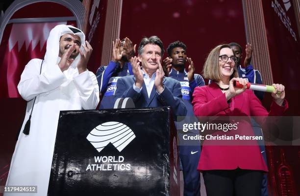 Sheikh Joaan bin Hamad Al Thani, President of the Qatar Olympic Committee, IAAF President Lord Sebastian Coe and Oregon Governor Kate Brown take part...