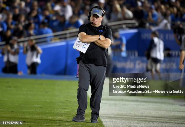 Head coach Chip Kelly of the UCLA Bruins looks on after a Oregon State Beavers touchdown in the first half of a NCAA football game at the Rose Bowl...