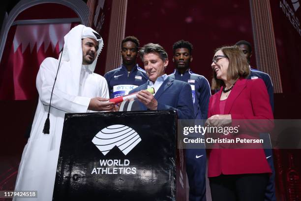 Sheikh Joaan bin Hamad Al Thani, President of the Qatar Olympic Committee, IAAF President Lord Sebastian Coe and Oregon Governor Kate Brown take part...