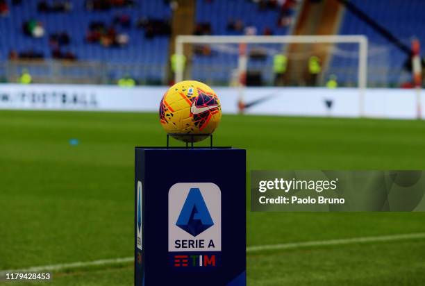 Detail of the new Serie A ball HI- VIS before the Serie A match between AS Roma and SSC Napoli at Stadio Olimpico on November 2, 2019 in Rome, Italy.