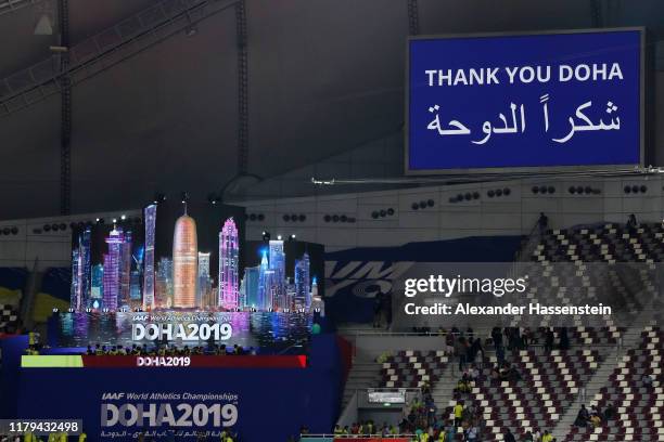 General view of the closing ceremony during day ten of 17th IAAF World Athletics Championships Doha 2019 at Khalifa International Stadium on October...