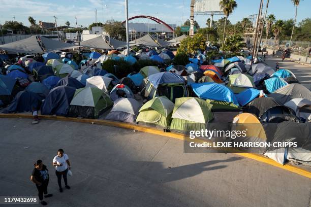 View of a migrants' camp on the Mexican border just south of the Rio Grande, in Matamoros, Tamaulipas state, Mexico, near to the border with the...
