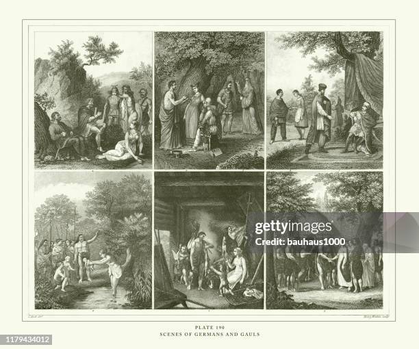 stockillustraties, clipart, cartoons en iconen met gegraveerde antieke, scènes van duitsers en galli's gravure antieke illustratie, gepubliceerd 1851 - sect
