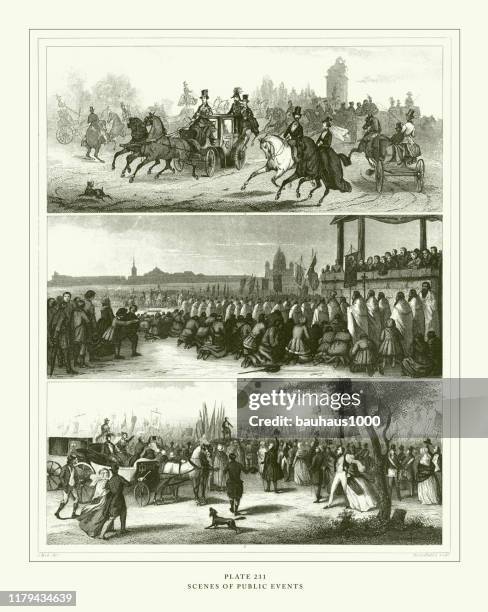 engraved antique, scenes of public events engraving antique illustration, published 1851 - festival of british eventing stock illustrations