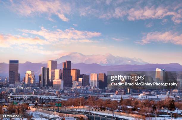 pikes peak in denver cityscape - denver stock pictures, royalty-free photos & images