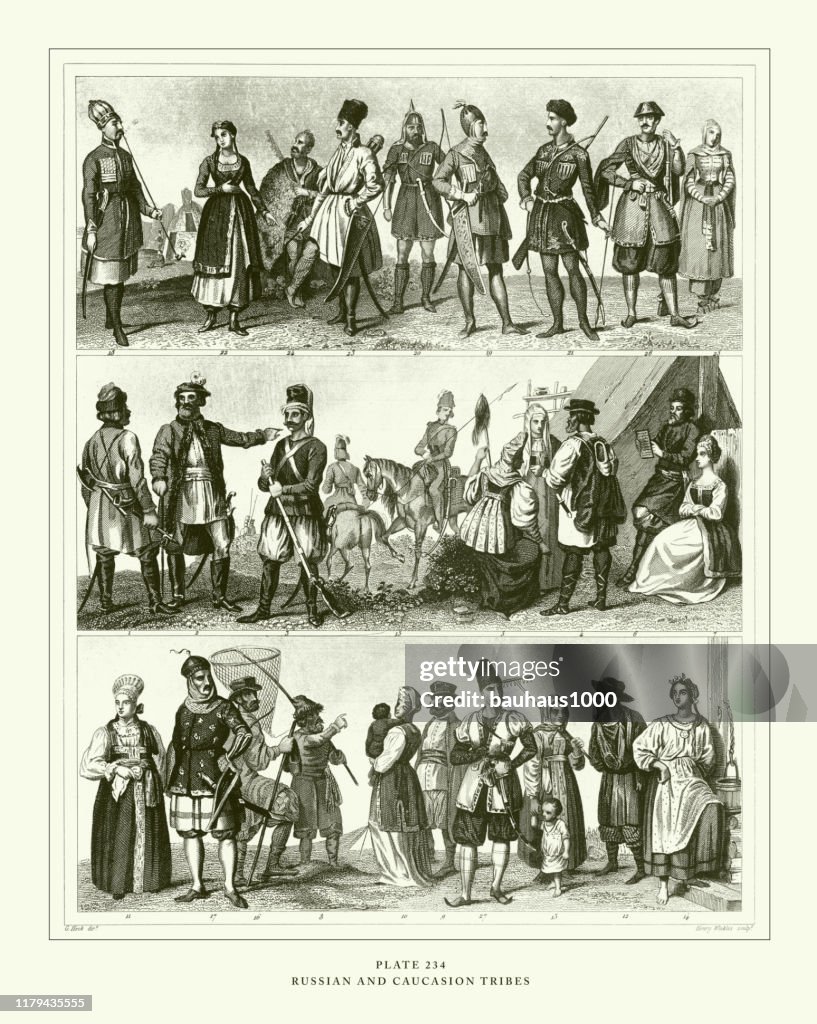 Engraved Antique, Russian and Caucasion Tribes Engraving Antique Illustration, Published 1851
