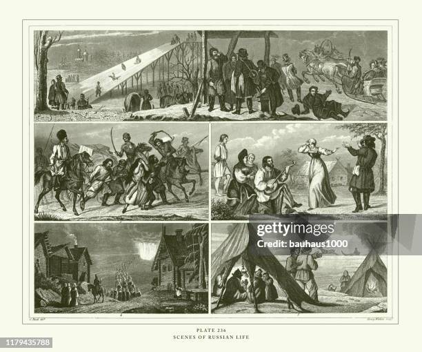 engraved antique, scenes of russian life engraving antique illustration, published 1851 - sect stock illustrations