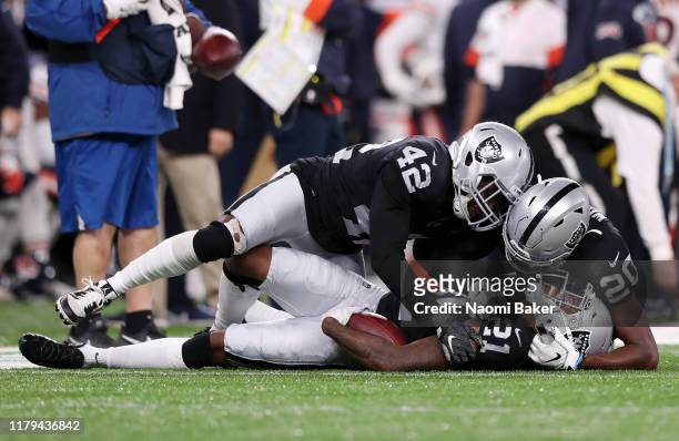 Karl Joseph of Oakland Raiders , Daryl Worley of Oakland Raiders and Gareon Conley of Oakland Raiders celebrate after Gareon Conley intercepts the...