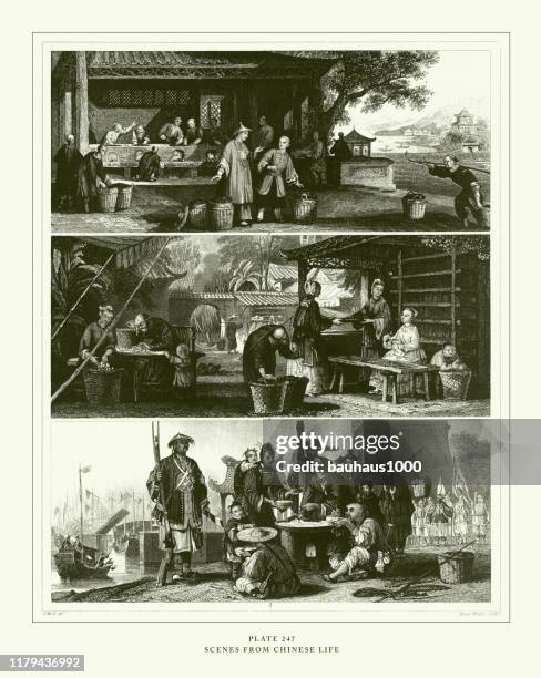 engraved antique, scenes from chinese life engraving antique illustration, published 1851 - sect stock illustrations