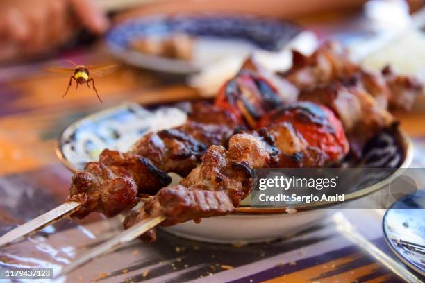 uzbek shashlik and a wasp hovering above it - wasps ストックフォトと画像