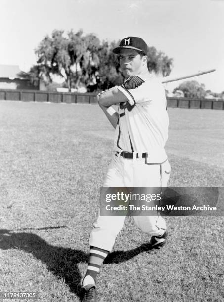 Infielder Eddie Mathews of the Milwaukee Braves poses for a batting stance portrait circa 1953.