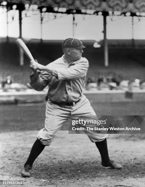 Outfielder Gavvy Cravath of the Philadelphia Phillies bats during an MLB game circa 1912.