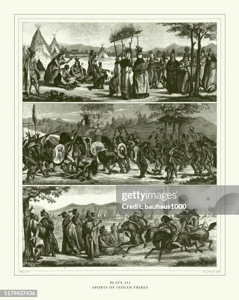 engraved antique, sports of indian tribes engraving antique illustration, published 1851 - sect stock illustrations