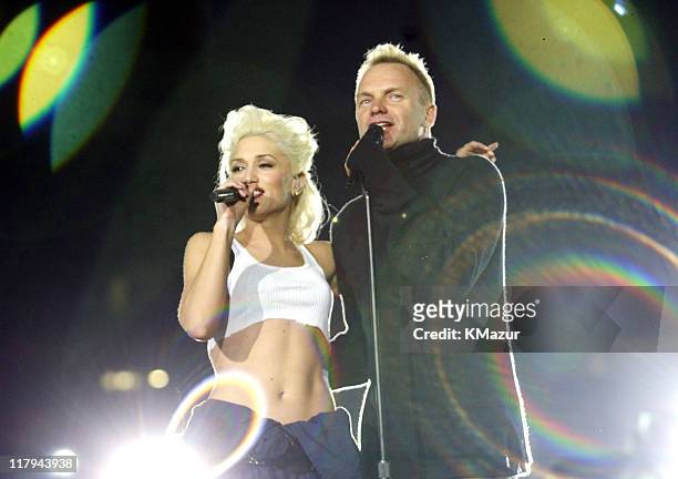 Gwen Stefani and Sting during Super Bowl XXXVII - AT&T Wireless Super Bowl XXXVII Halftime Show - Rehearsal at Qualcomm Stadium in San Diego,...
