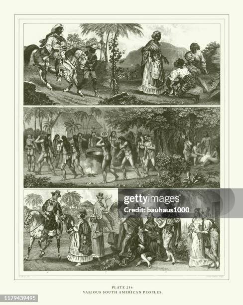 ilustrações de stock, clip art, desenhos animados e ícones de engraved antique, various south american peoples engraving antique illustration, published 1851 - indio brasileiro