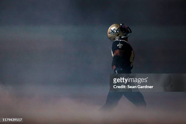 Marcus Williams of the New Orleans Saints runs onto the field prior to the start of a NFL game against the Tampa Bay Buccaneers at the Mercedes Benz...