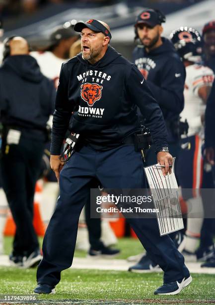 Head Coach, Matt Nagy of the Chicago Bears reacts during the match between the Chicago Bears and Oakland Raiders at Tottenham Hotspur Stadium on...