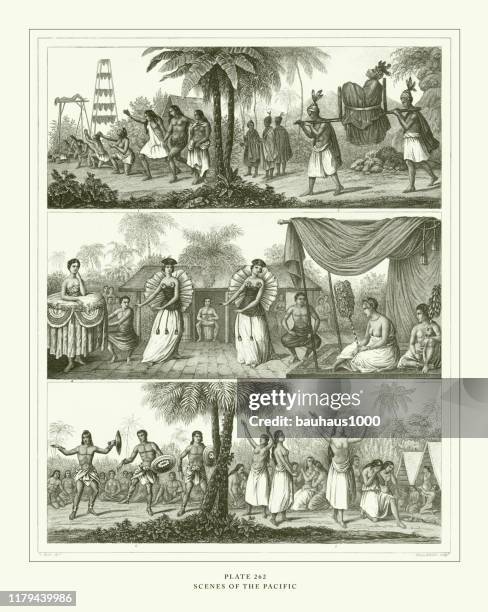 stockillustraties, clipart, cartoons en iconen met gegraveerde antieke, scènes van de pacific gravure antieke illustratie, gepubliceerd 1851 - sect