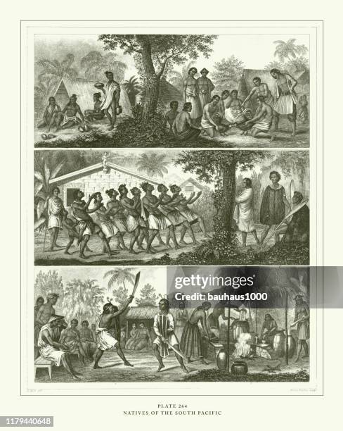 engraved antique, natives of the south pacific engraving antique illustration, published 1851 - sect stock illustrations