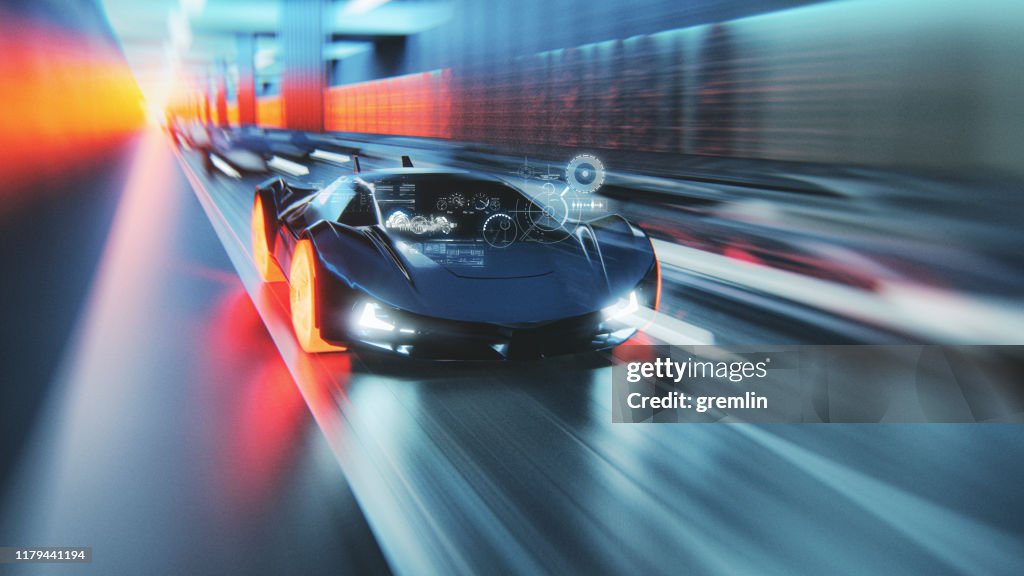 Futuristic generic concept sport car speeding on city highway