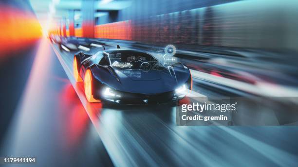 futuristic generic concept sport car speeding on city highway - motorsport stock pictures, royalty-free photos & images