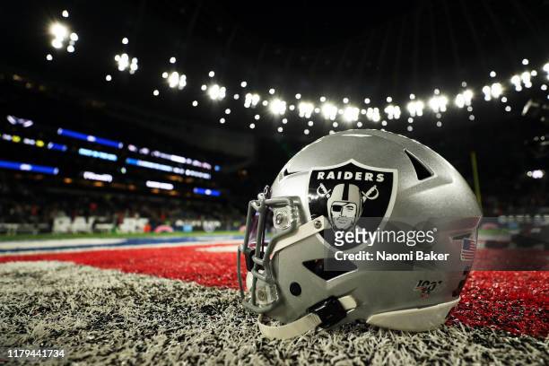 Oakland Raiders helmet is seen on the field after the game between Chicago Bears and Oakland Raiders at Tottenham Hotspur Stadium on October 06, 2019...