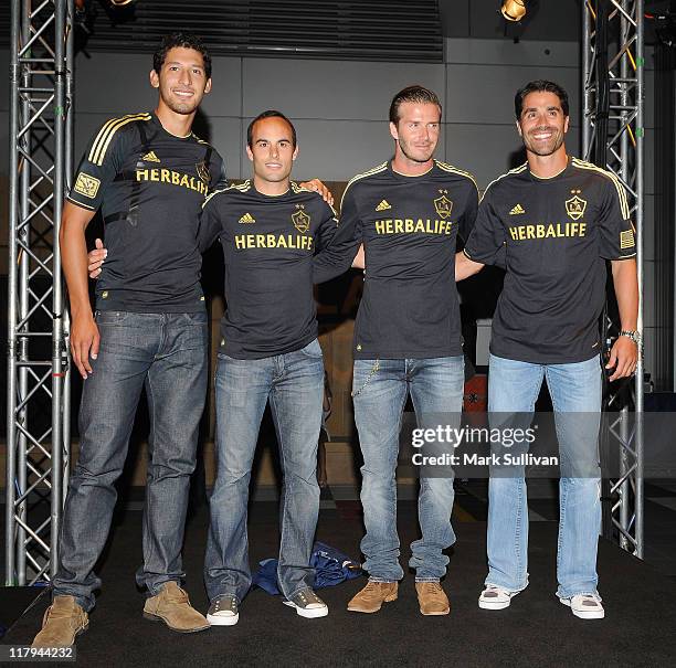 Omar Gonzalez, Landon Donovan, David Beckham and Juan Pablo Angel attend LA Galaxy Fourth of July weekend kick off party at L.A. LIVE on July 1, 2011...