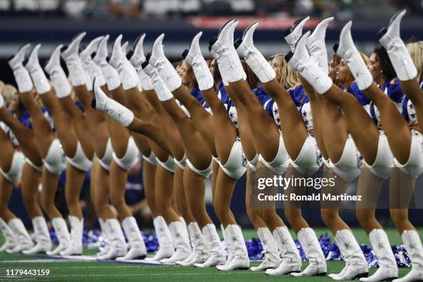 Dallas Cowboys Cheerleaders perform prior to the game against the Green Bay Packers at AT&T Stadium on October 06, 2019 in Arlington, Texas.