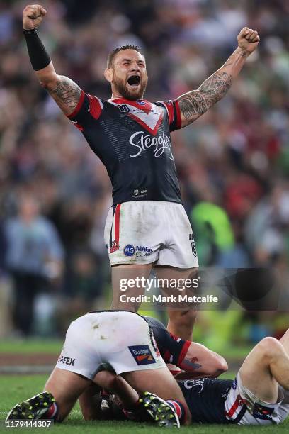 Jared Waerea-Hargreaves of the Roosters celebrates winning the 2019 NRL Grand Final match between the Canberra Raiders and the Sydney Roosters at ANZ...