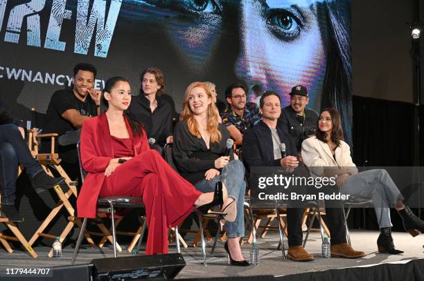 Leah Lewis, Kennedy McMann, Scott Wolf, and Maddison Jaizani speak onstage during the "Nancy Drew" Panel at New York Comic Con 2019 Day 4 at Jacob K....