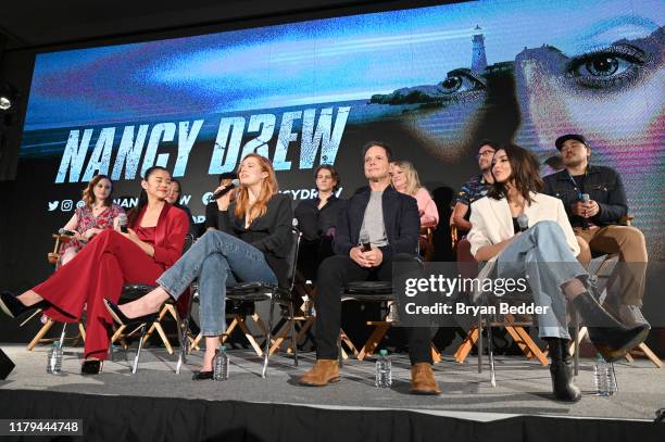Kennedy McMann, Scott Wolf, and Leah Lewis speak onstage during the "Nancy Drew" Panel at New York Comic Con 2019 Day 4 at Jacob K. Javits Convention...