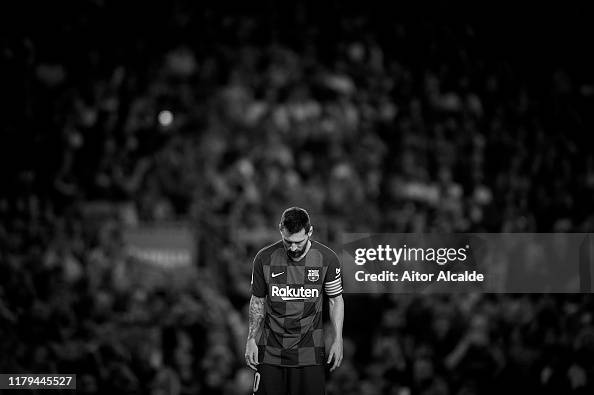 Lionel Messi of FC Barcelona looks on during the Liga match between