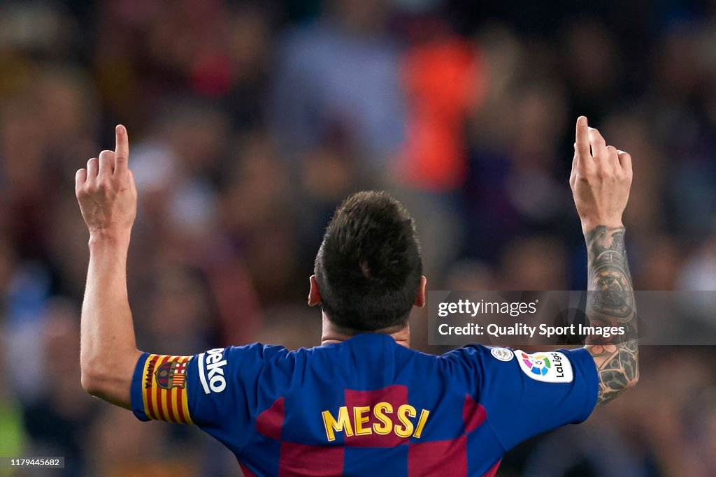Lionel Messi of FC Barcelona celebrates his goal during the Liga
