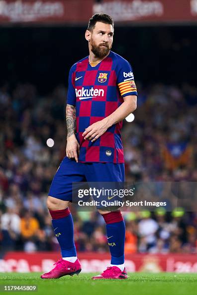 Lionel Messi of FC Barcelona looks on prior to the Liga match between
