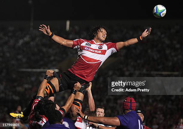 Takashi Kikutani of Japan reaches for the ball while jumping for a lineout during the IRB Pacific Nations Cup match between Japan and Samoa at Prince...