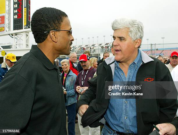 Tonight Show host, Jay Leno, talks to truck series driver Bill Lester at the Daytona International Speedway in Daytona, Florida on Sunday, February...