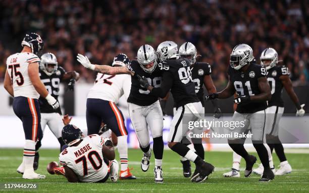 Maxx Crosby of Oakland Raiders celebrates during the game between Chicago Bears and Oakland Raiders at Tottenham Hotspur Stadium on October 06, 2019...