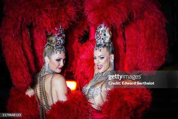 French Cancan dancers are seen, before the 130th Anniversary Celebration of Le Moulin Rouge, on October 06, 2019 in Paris, France.